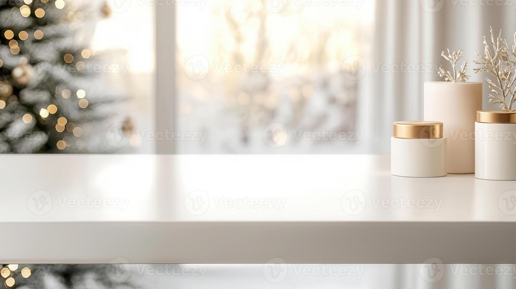 Christmas themed product placement background featuring a white table, candles, a snowy pine branch, and a blurred christmas tree with bokeh lights photo