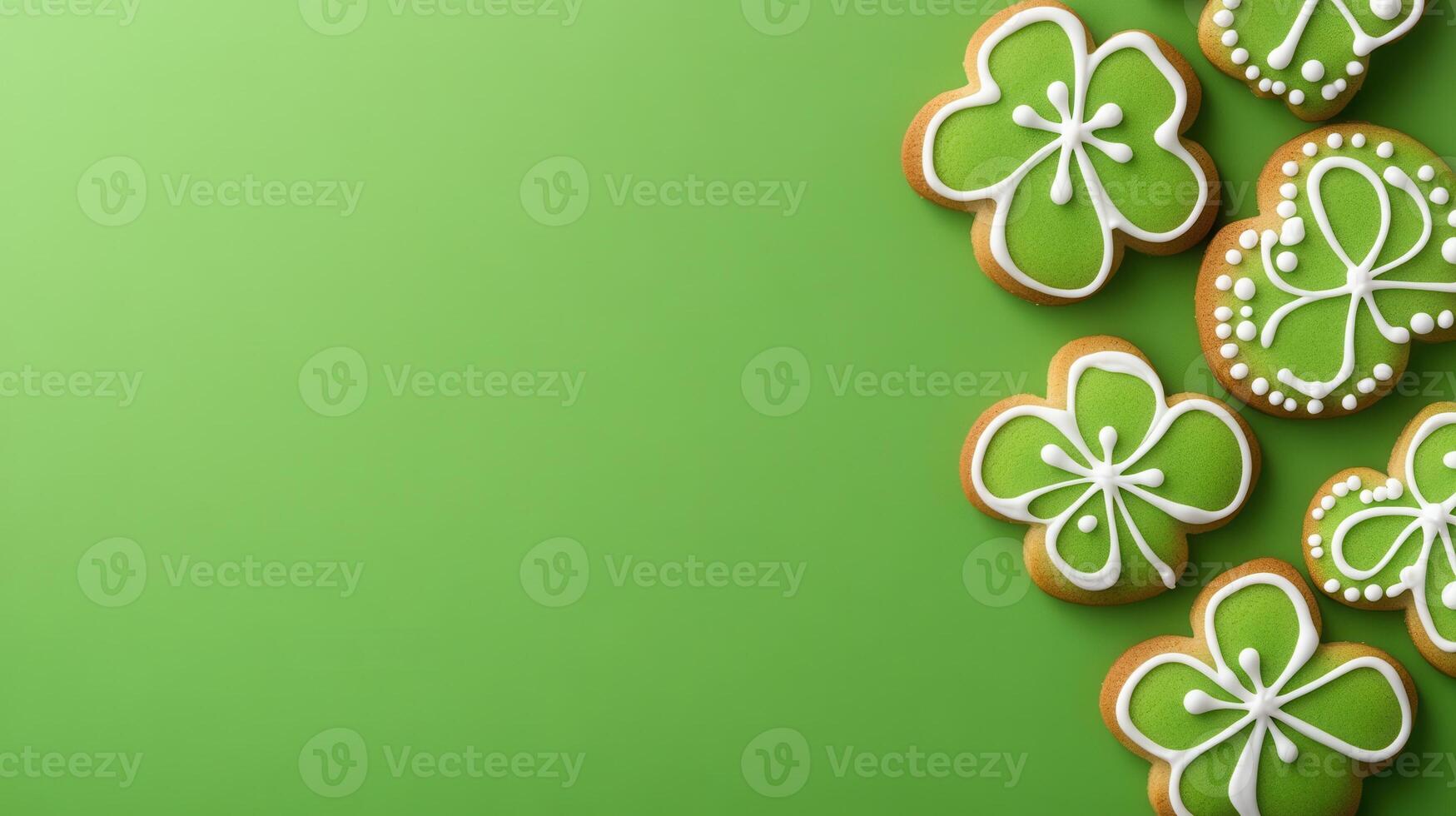Green sugar cookies featuring intricate white icing patterns resting on matching emerald surface, highlighting festive saint patrick's day color palette photo
