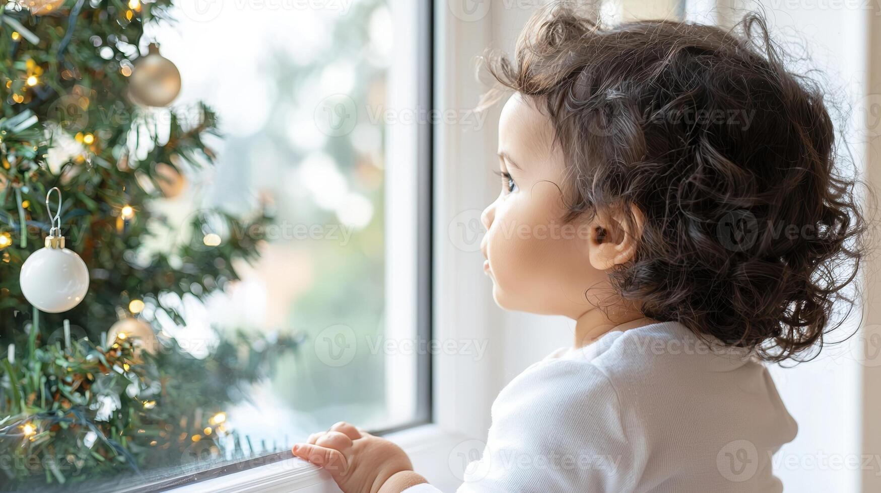 Dreaming child gazing out the window, captivated by twinkling christmas lights, embracing the magic and warmth of the holiday season photo