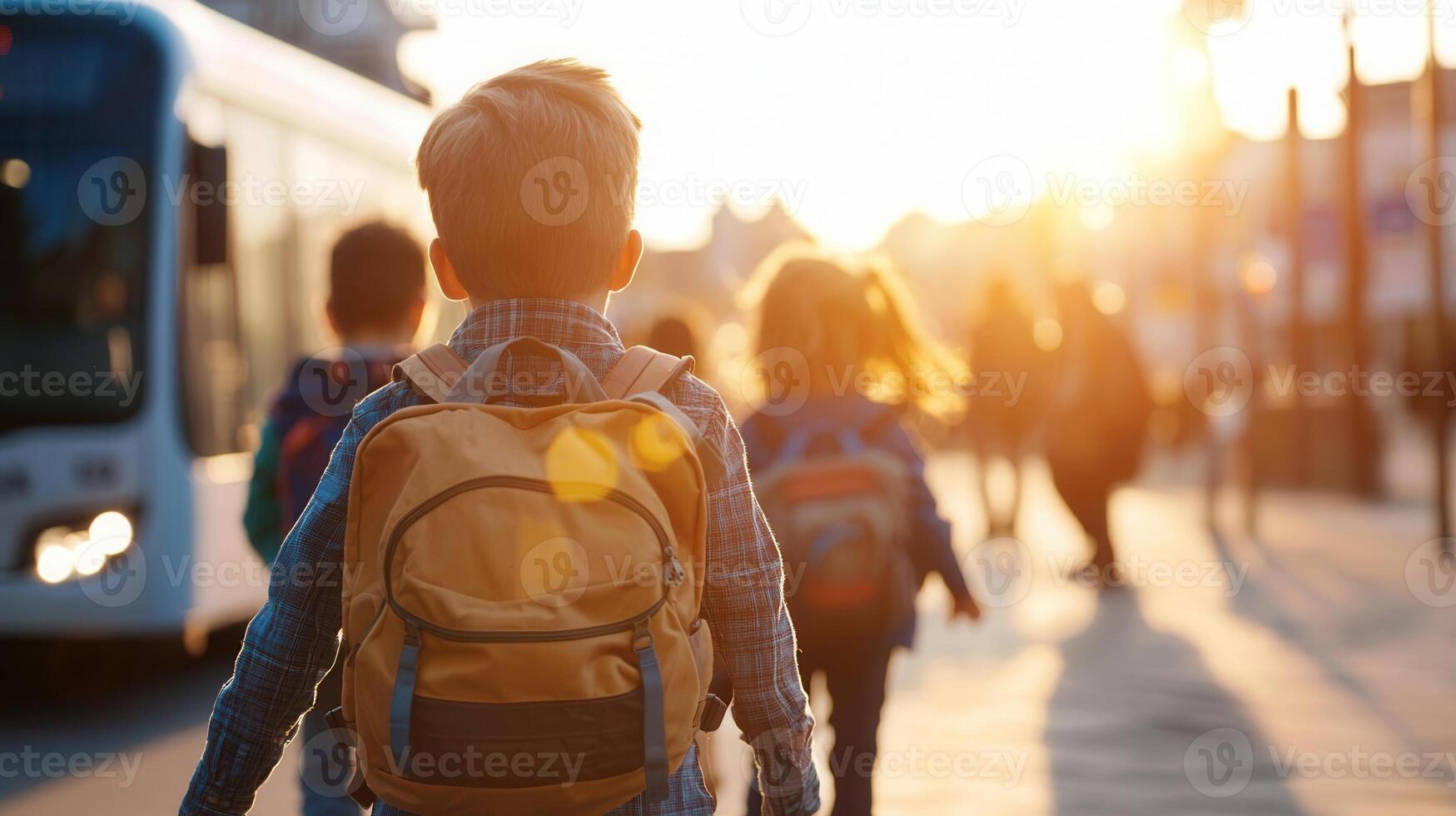 Elementary school children walking side by side, smiling and heading toward yellow school bus under bright afternoon sunlight photo