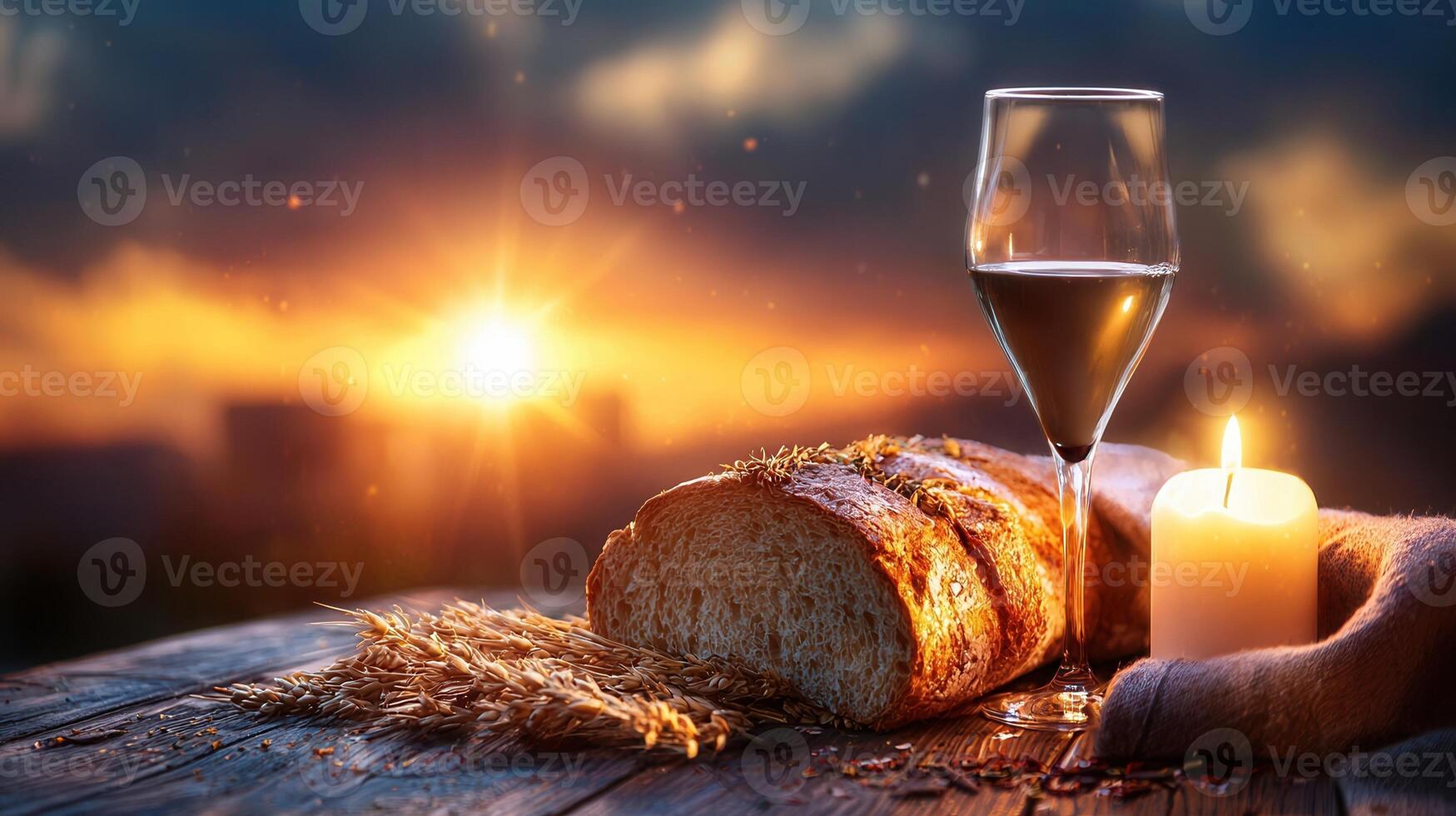Glass of wine beside bread and candle photo