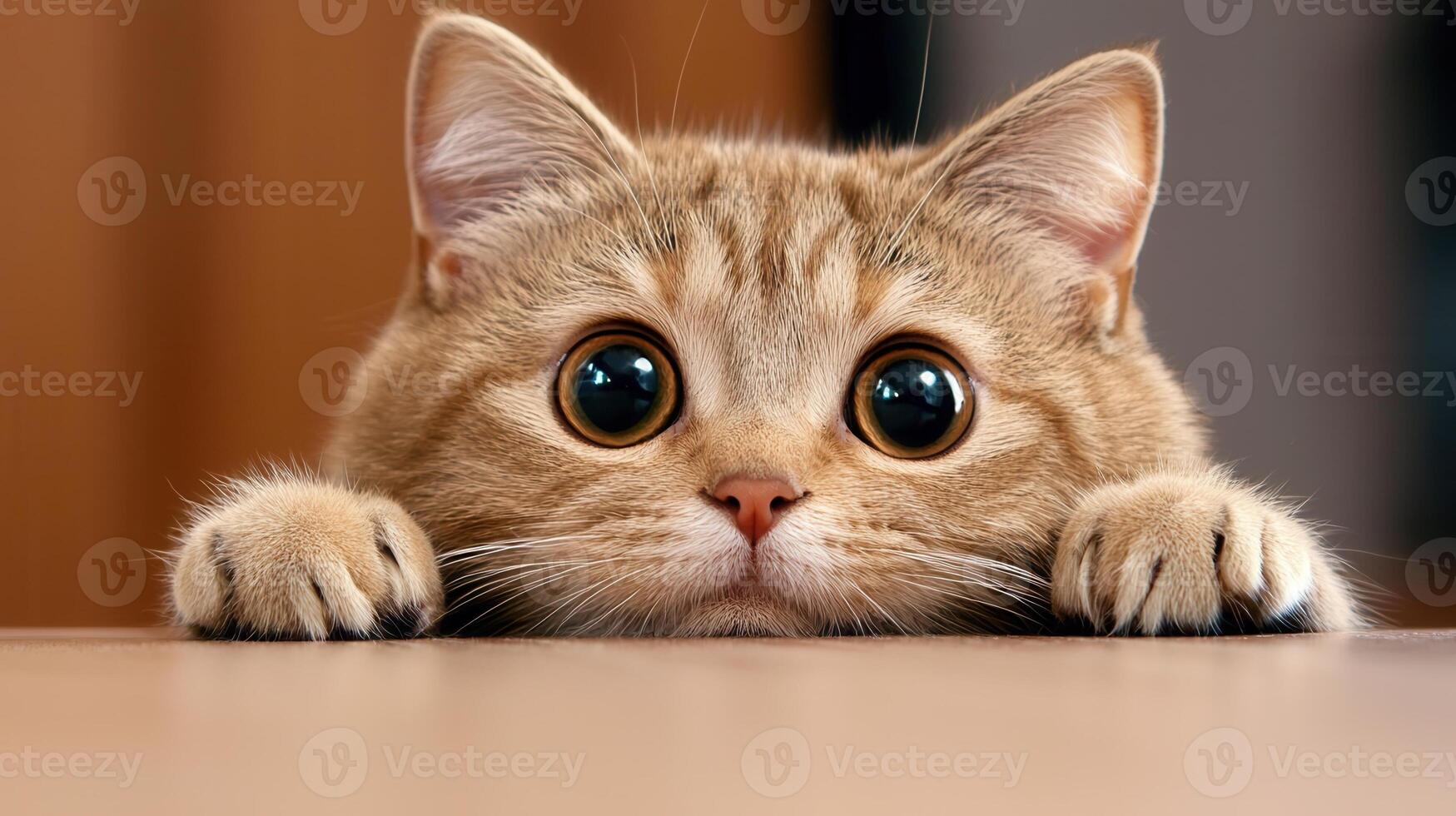 Curious gray wooden peeking cautiously over eyes board, cat wide with surprise and intrigue photo