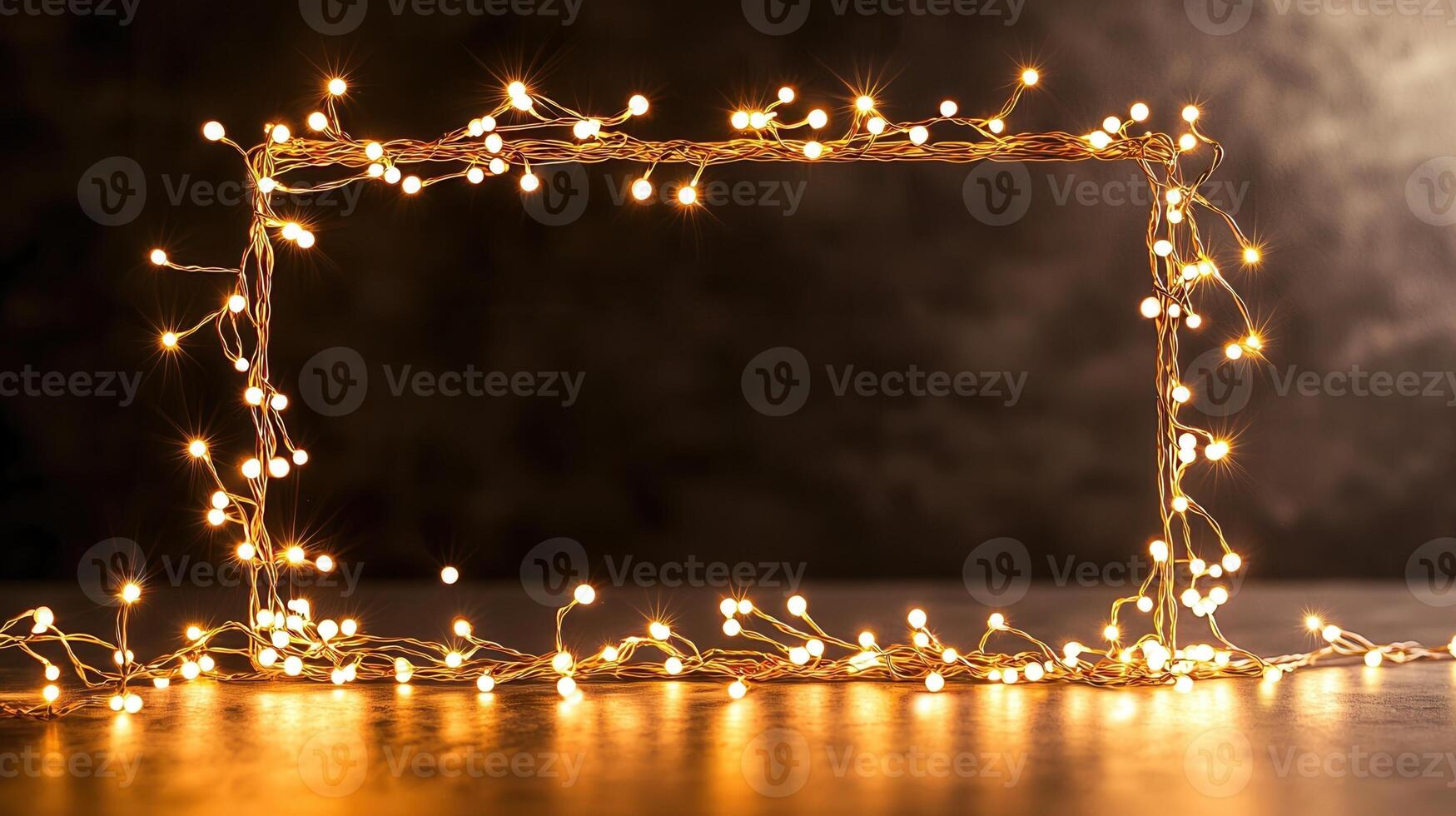 Luminous fairy lights adorning a rectangular frame against a dark backdrop, inviting a warm and creating festive ambiance photo