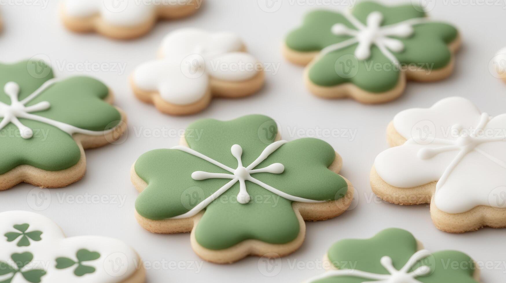 Freshly baked four leaf clover shaped cookies with green and white st. are ready for icing Patrick's day celebration photo