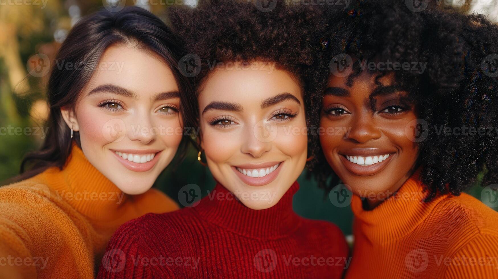 Diverse women warm side by side standing golden autumn leaves, radiating friendship and happiness with genuine, amid smiles photo