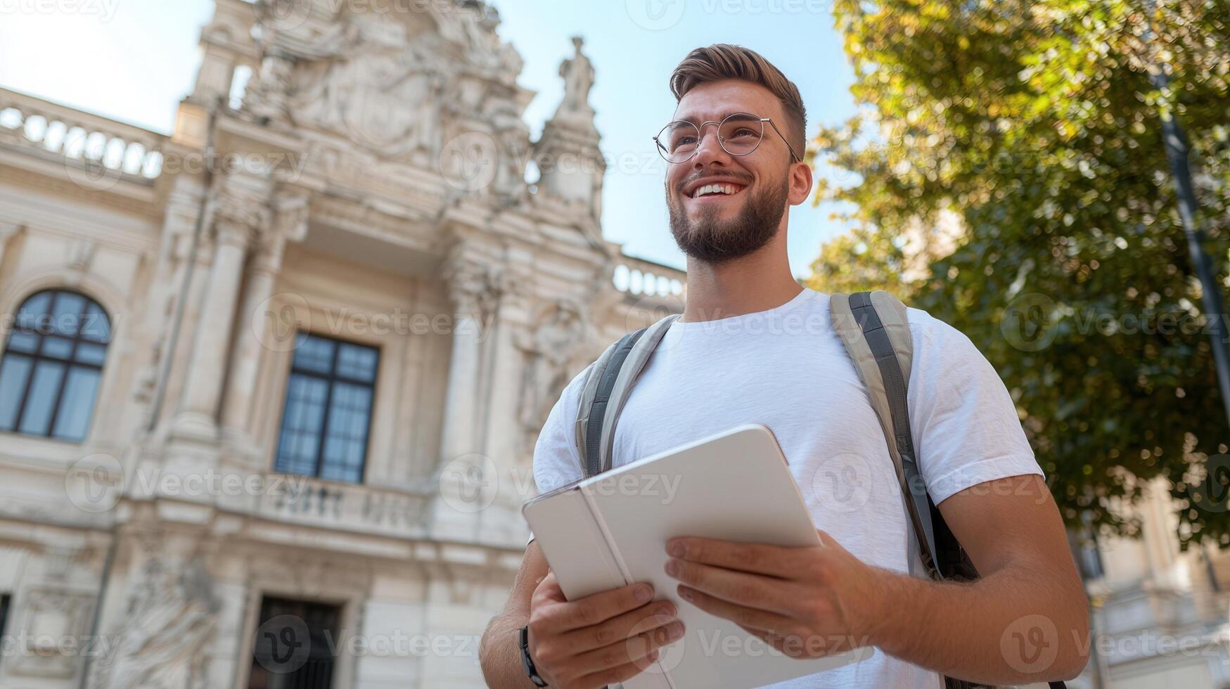 Male college tablet smiling, student digital browsing while walking across autumn university campus photo