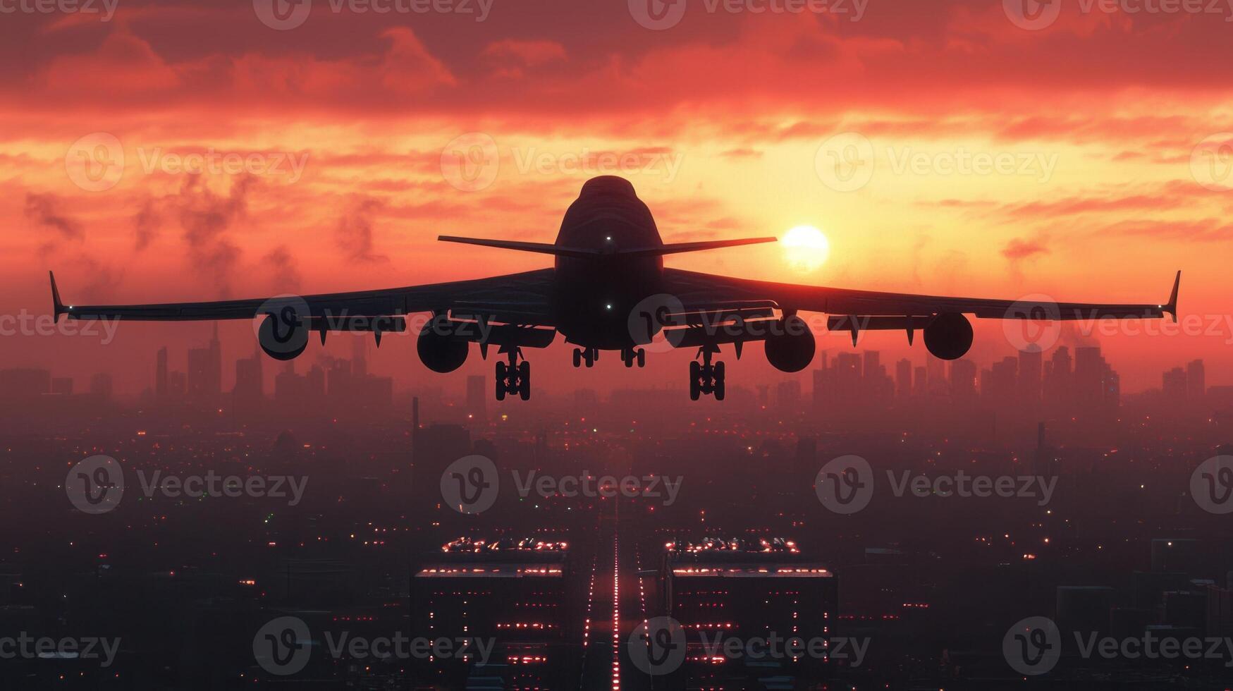 Cargo containers airplane over an illuminated city port, showcasing soaring against a vibrant sunset backdrop, creating a dramatic scene photo