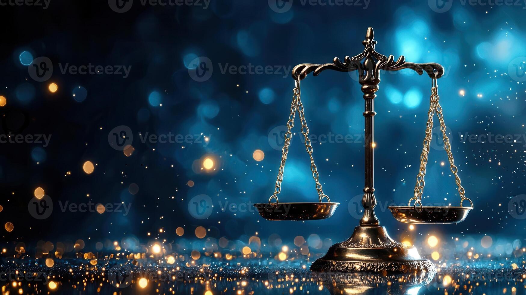Metal scale representing justice, law, and equality, balanced against a vibrant digital backdrop with glowing lights photo