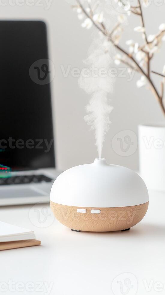 White aromatherapy diffuser releasing a fragrant in sunlit a mist room, promoting relaxation and wellness photo