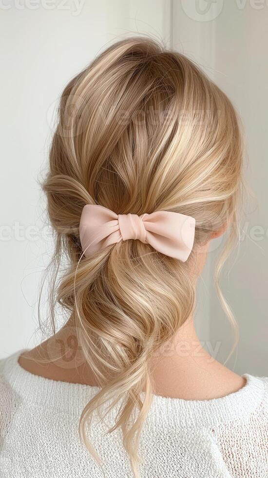 Blonde woman from behind displaying intricate formal hairstyle with soft braided bow, highlighting elegant styling for pink events photo