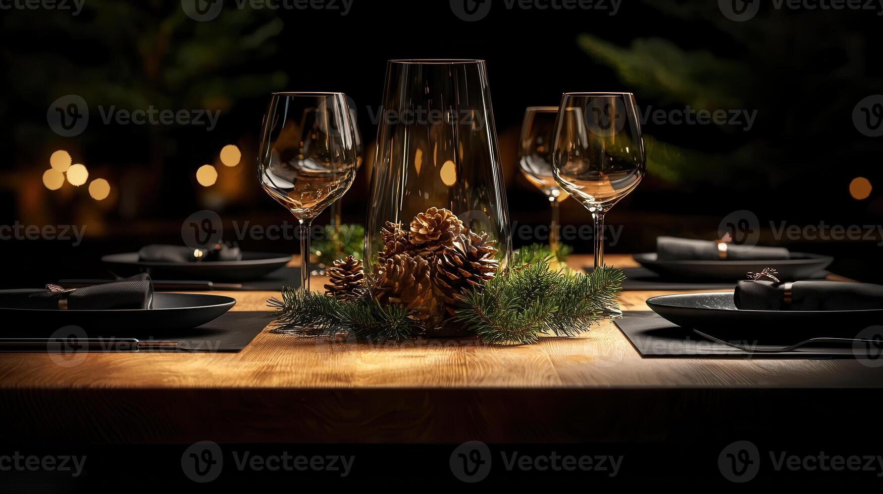 Christmas dinner table with wine glasses photo