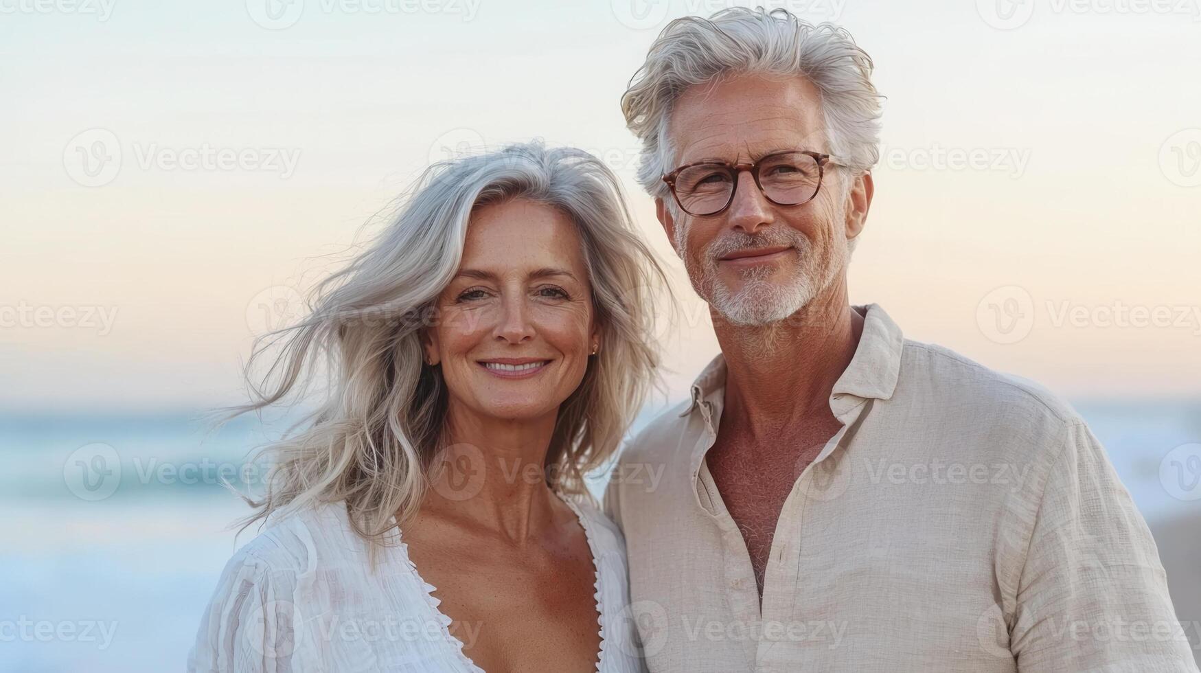 Senior couple embracing, smiling during golden hour embodying sharing tender moment on sandy beach, sunset, lasting romantic love photo