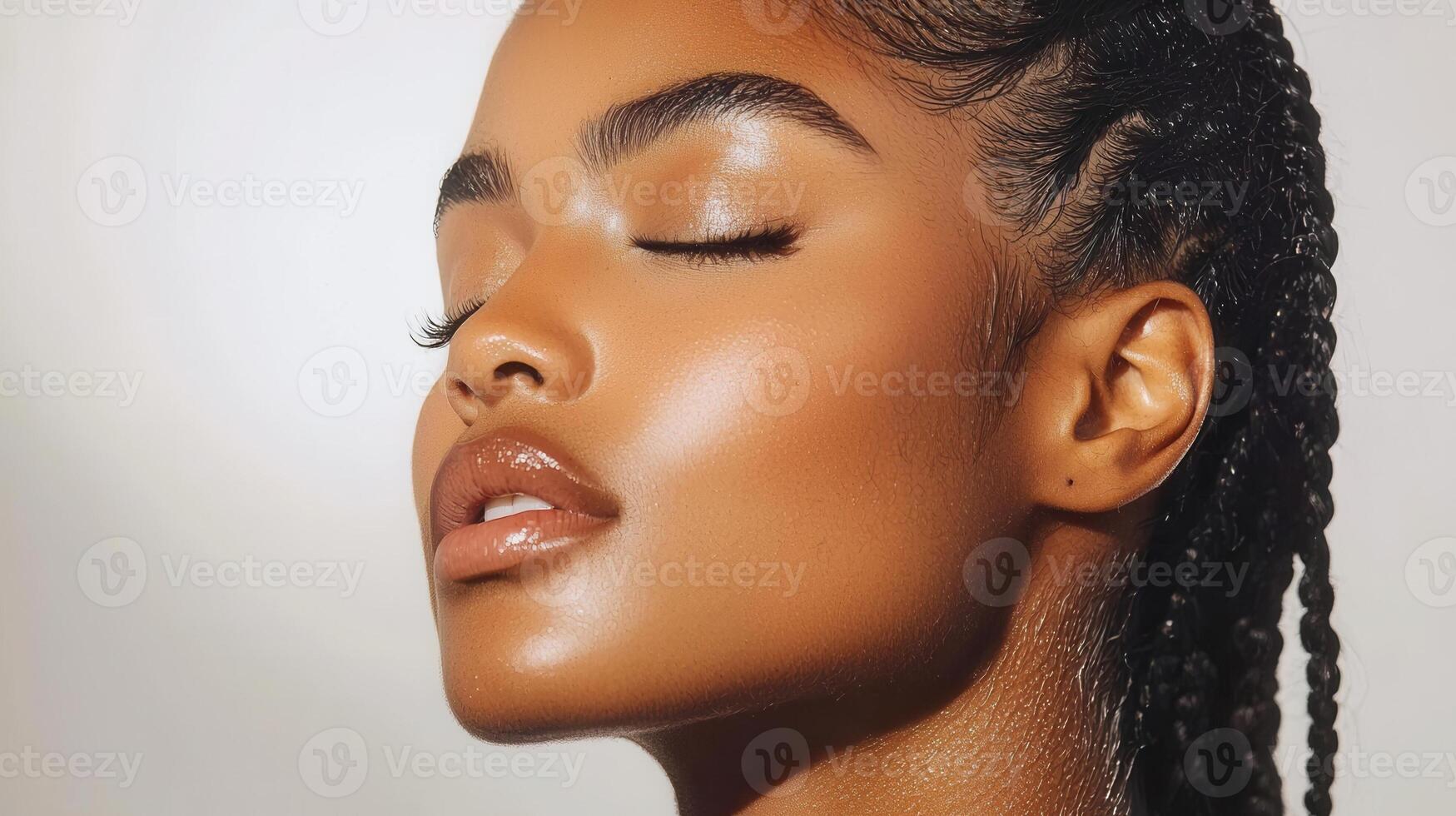 Young woman with voluminous curls posing confidently, displaying studio complexion and elegant radiant lighting photo