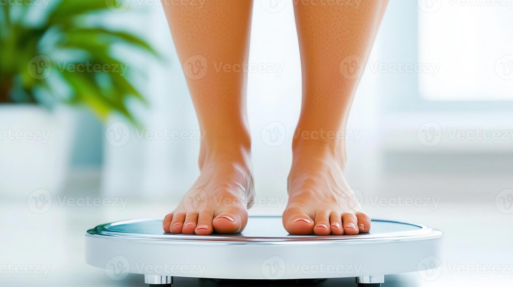 Female feet positioned on electronic scales for monitoring weight on and a white background, emphasizing health clean wellness photo