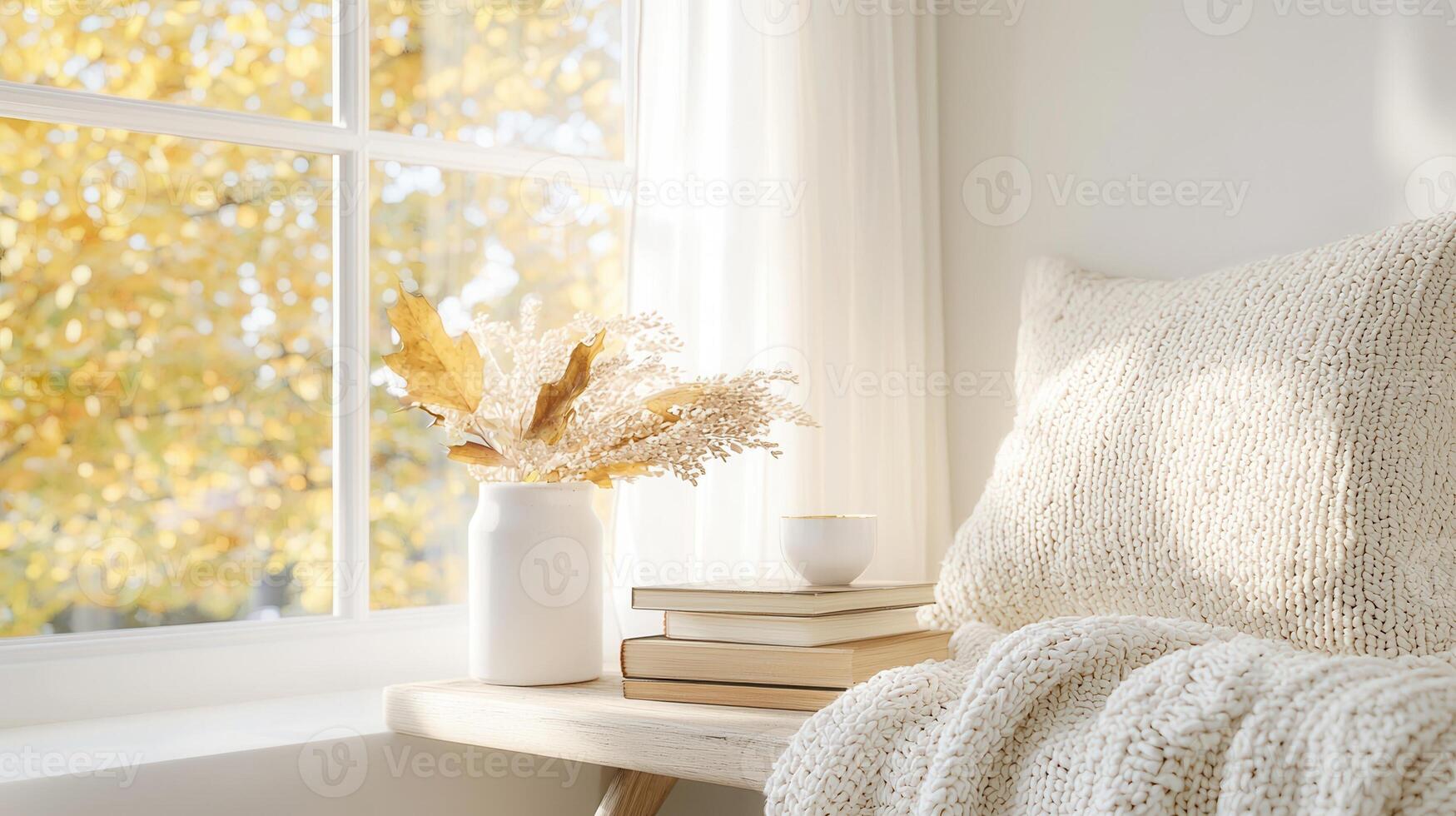 Relaxing near window, reading amid golden blanket leaves, wrapped in soft autumn with steaming mug of comfort photo