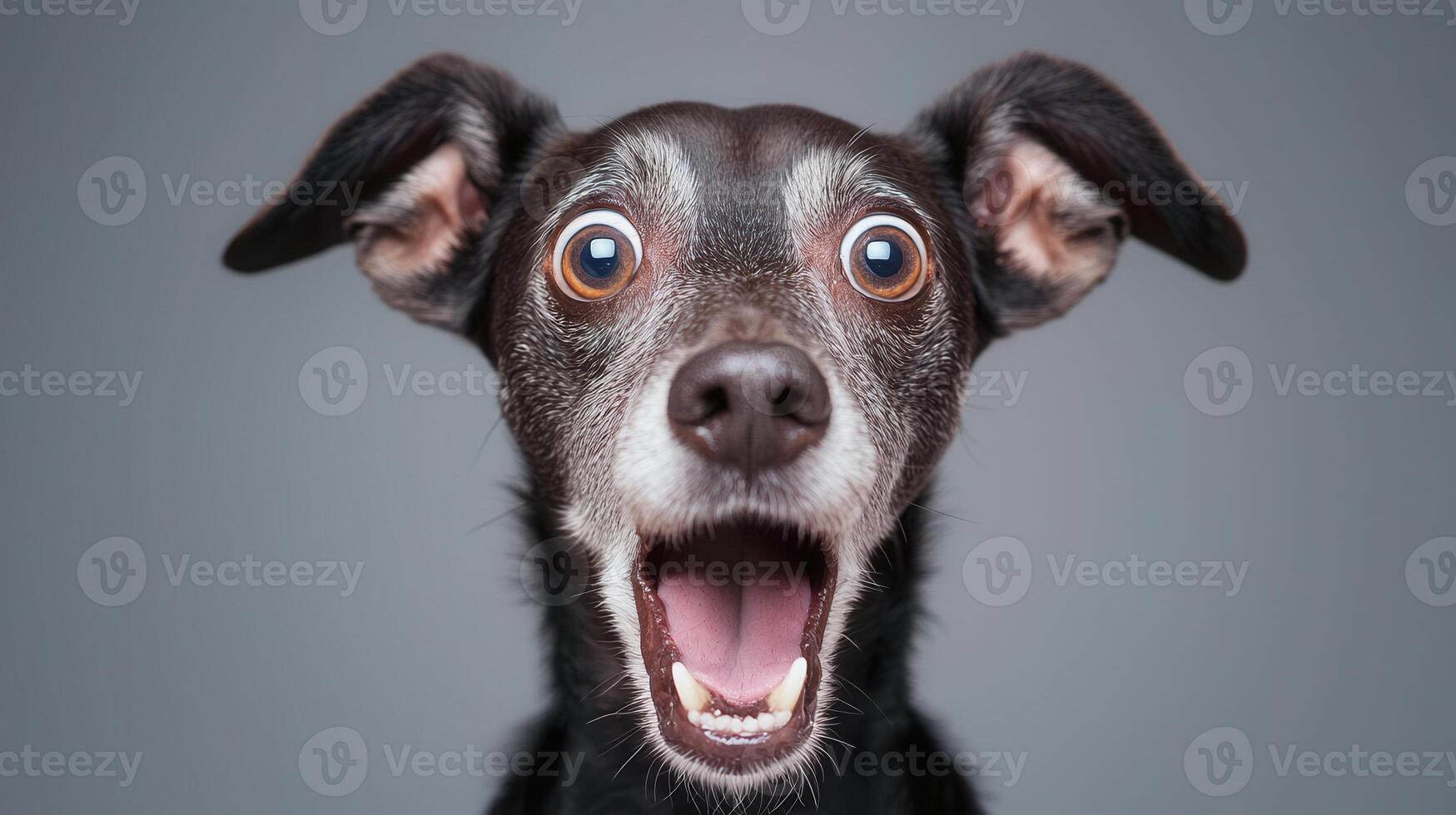 Studio shot of surprised a black dog against a gray background, mouth wide open, showing tongue and big eyes photo