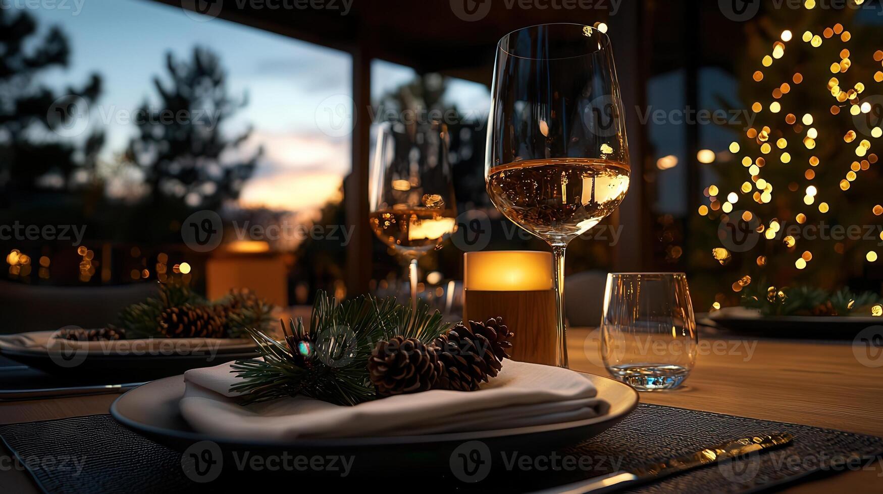 Luxurious new year crystal tablescape eve black dinnerware, golden pinecones, sparkling string lights, and with glassware preparing celebratory atmosphere photo