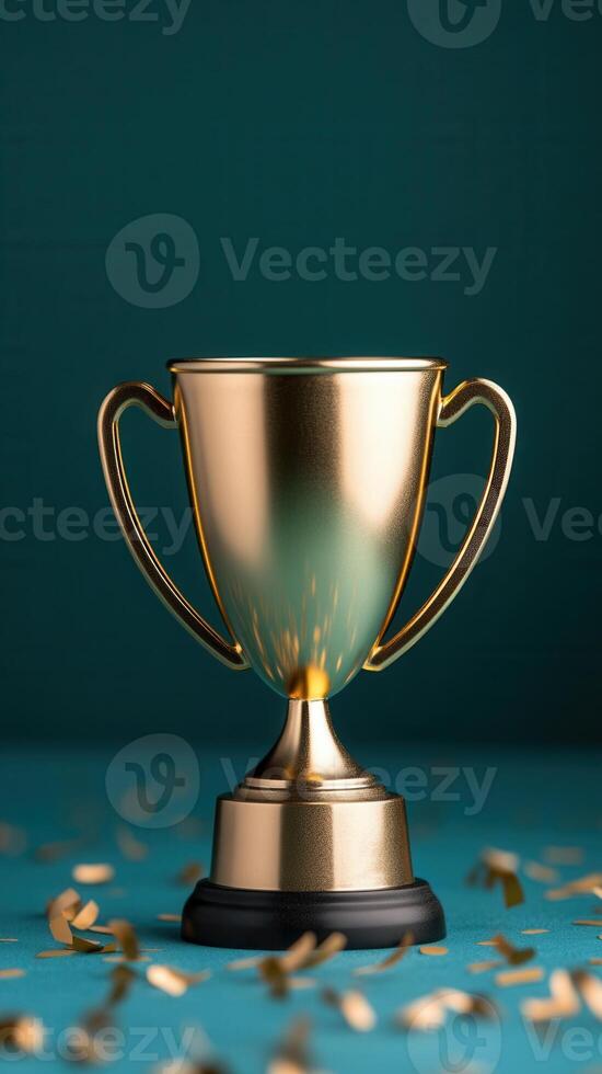 Shiny gold trophy with confetti on a gray celebrating background, achievement and success in competition photo