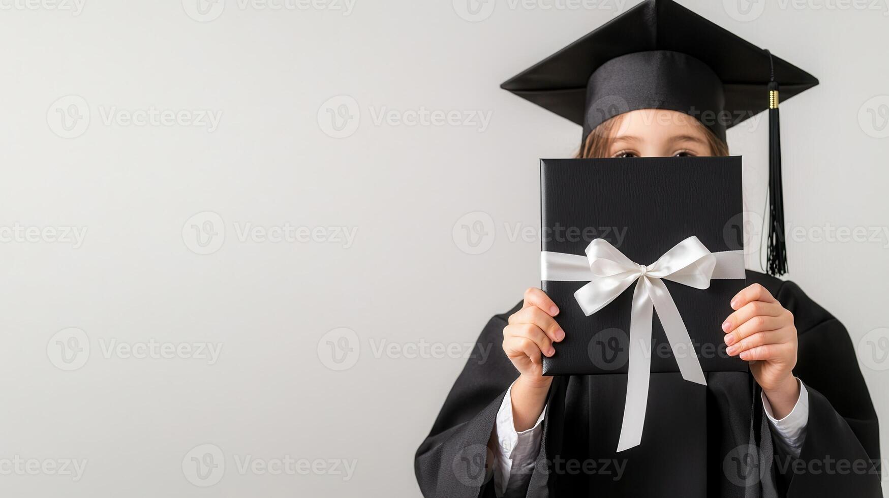 Young graduate concealing face graduation diploma, wearing with attire against neutral background photo