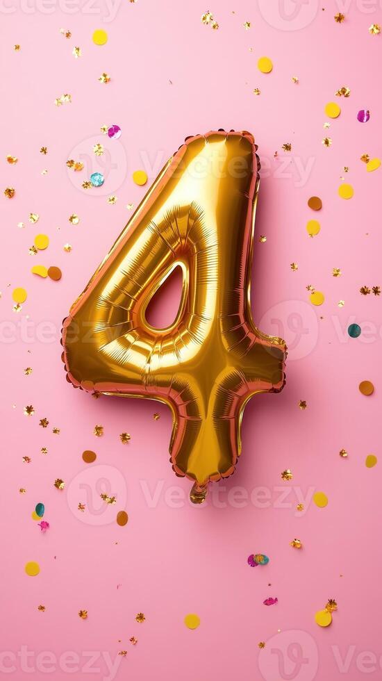 Golden numeric balloon four marking celebration, backdrop scattered colorful confetti on pastel pink birthday photo