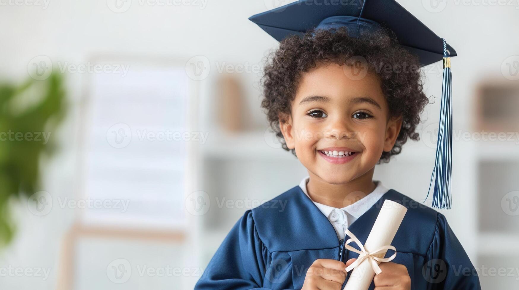 Smiling african american preschooler wearing graduation gown, proudly early diploma holding at learning celebration photo