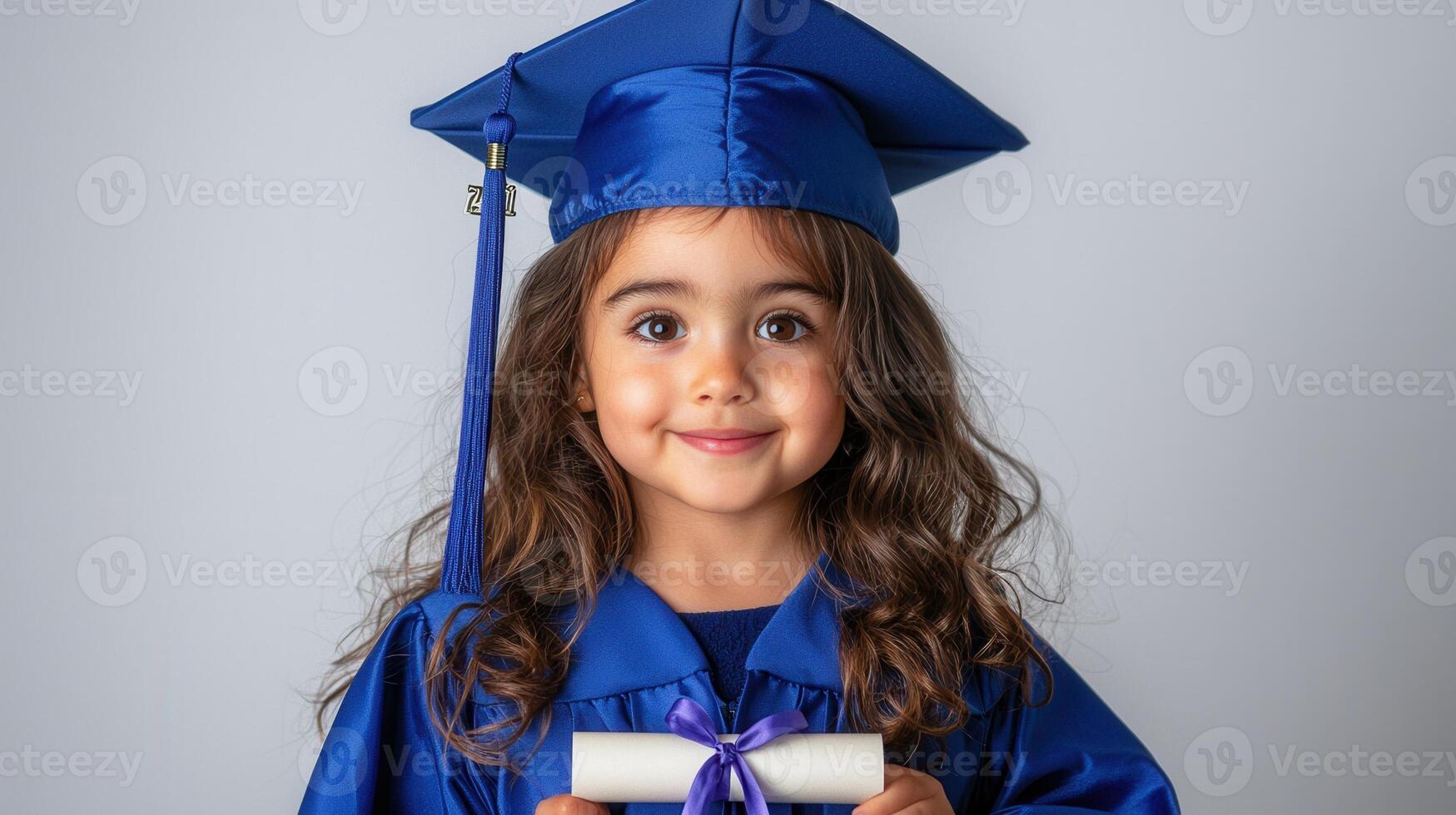Smiling preschool graduate wearing blue gown, holding diploma session, studio during portrait celebrating academic milestone photo