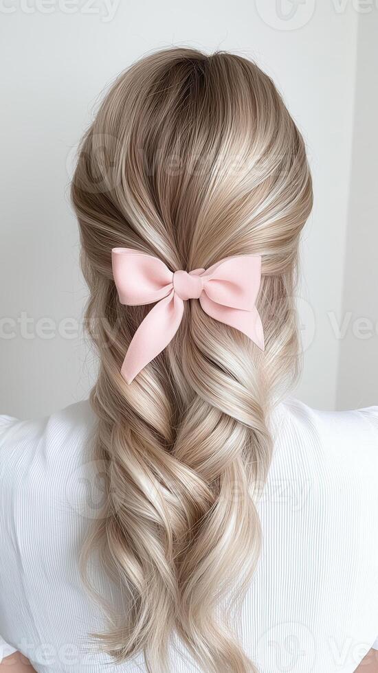 Blonde woman from behind displaying intricate braided hairstyle with soft pink bow, highlighting elegant styling for formal events photo