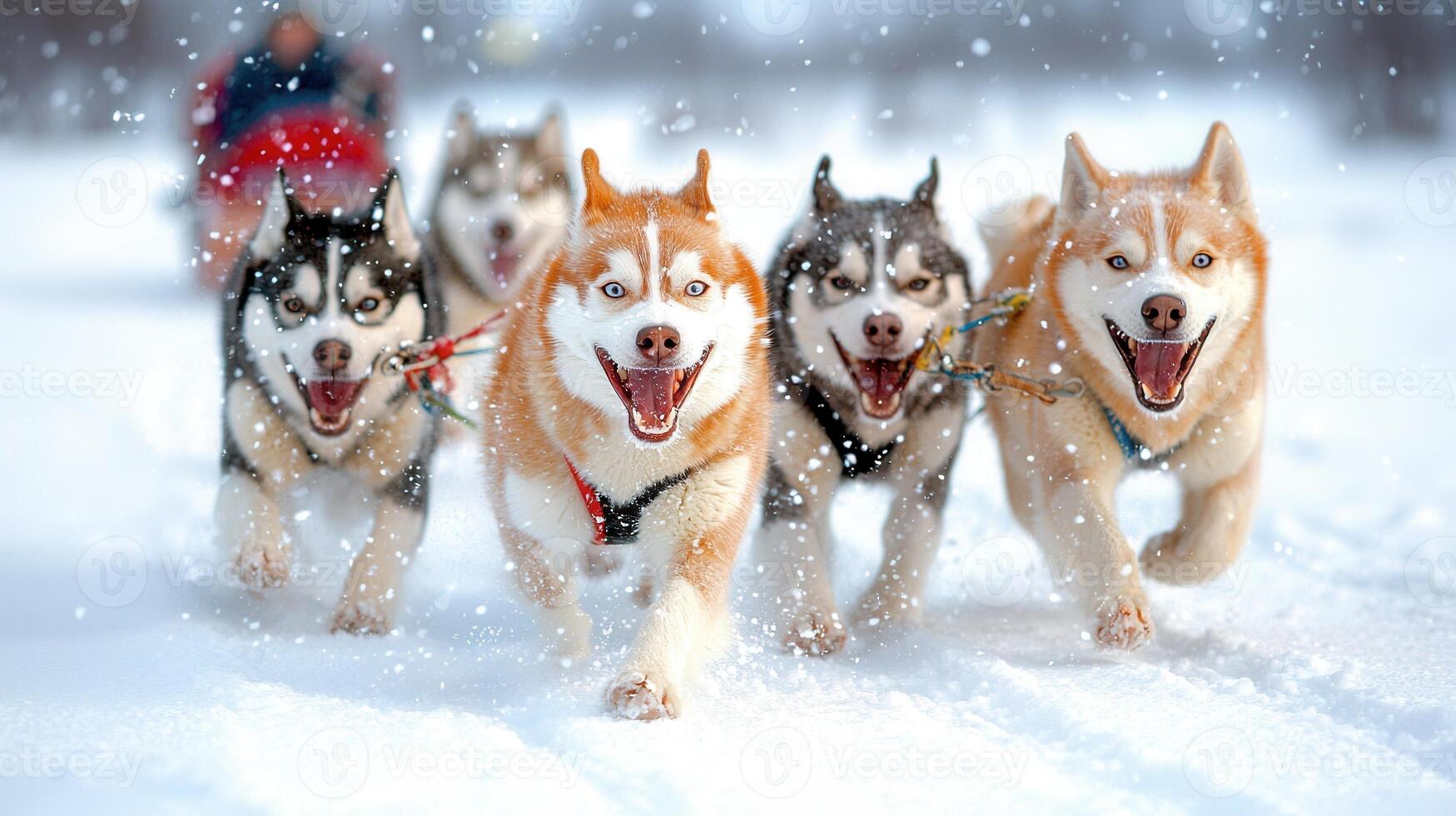 Powerful husky sled dogs sprinting across snow covered terrain, pulling harness racing demonstrating teamwork during winter and expedition photo