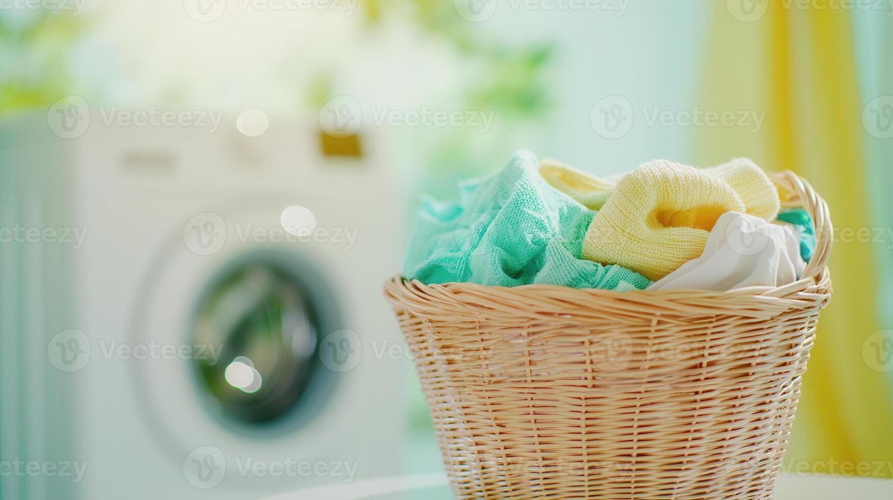 Wicker overflowing basket a with colorful clothes in a modern laundry room with laundry washing machine and daffodils photo