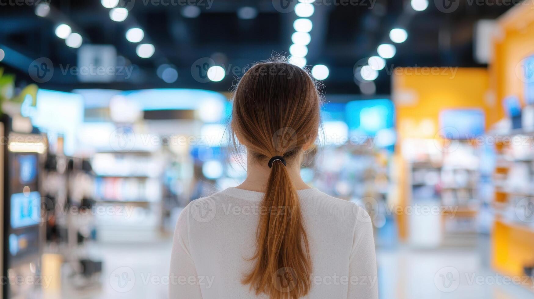 Blonde woman comparing large screen tvs in electronics store, evaluating display features potential home entertainment upgrade photo