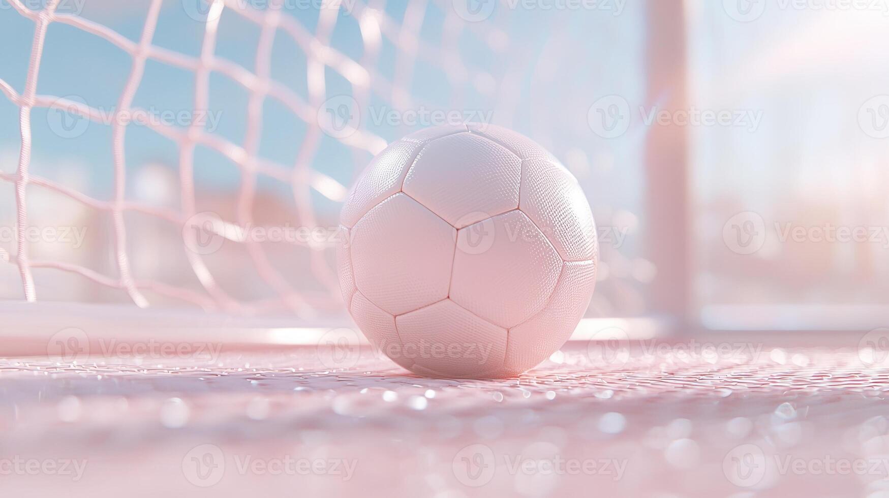 Soccer ball resting on dew covered grass, backlit by golden sunset near soccer goal's net photo