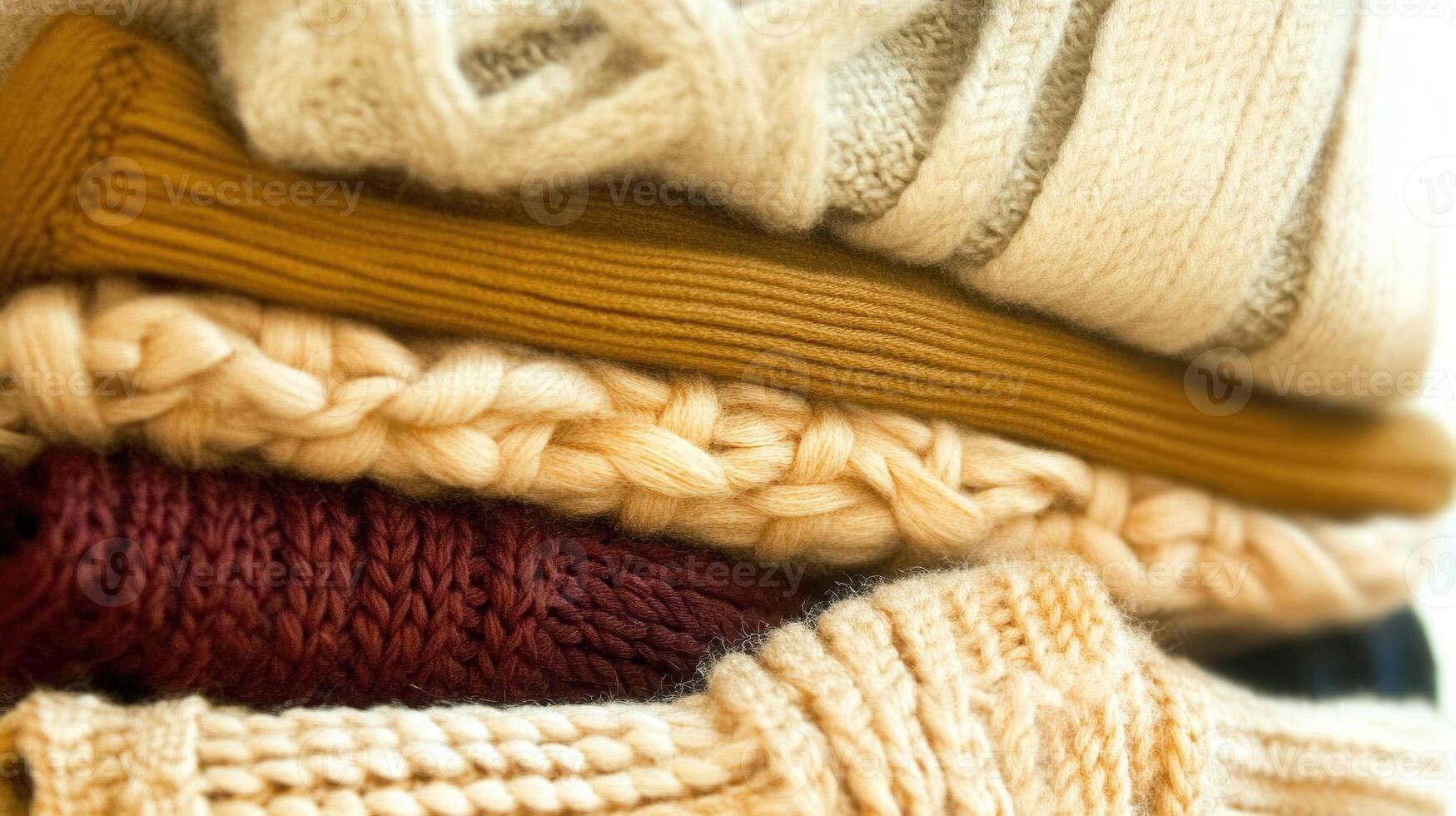 Close up of a stack of colorful knitted sweaters, evoking warmth, comfort, and handmade craftsmanship photo