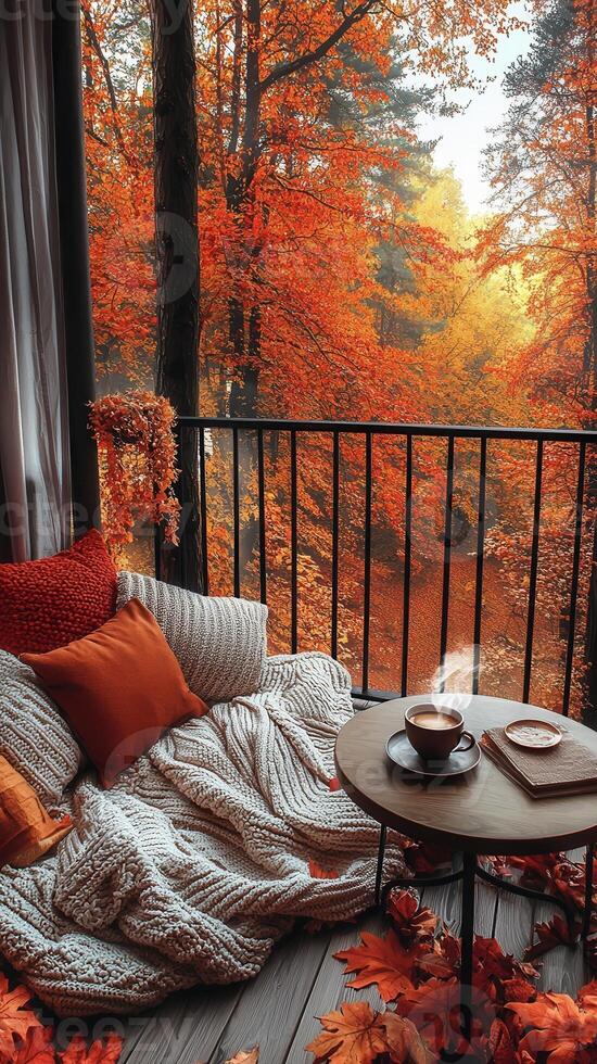 Cozy balcony with autumn leaves photo
