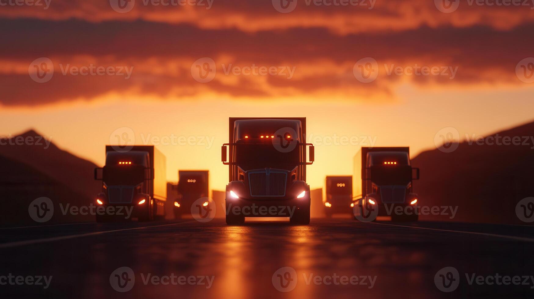 supply cargo trucks driving on highway at sunset, symbolizing logistics, transportation, and the global Several chain photo