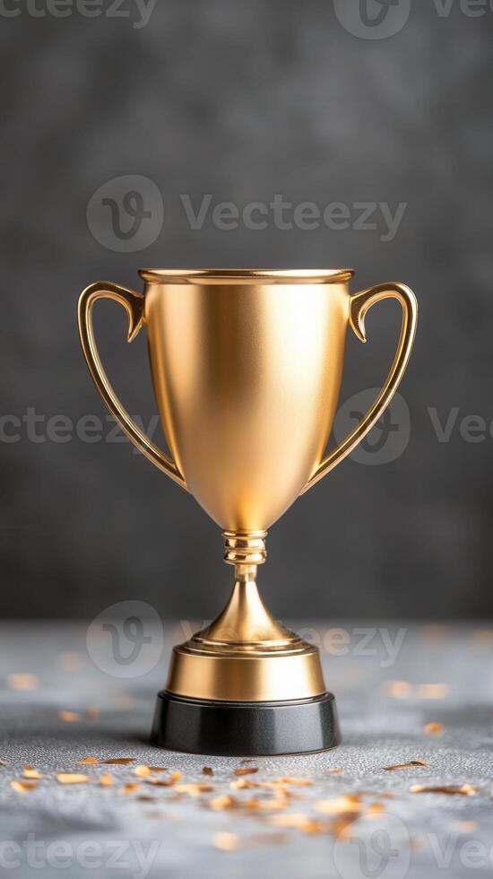 Shiny gold trophy with confetti on a gray background, celebrating achievement and success in competition photo
