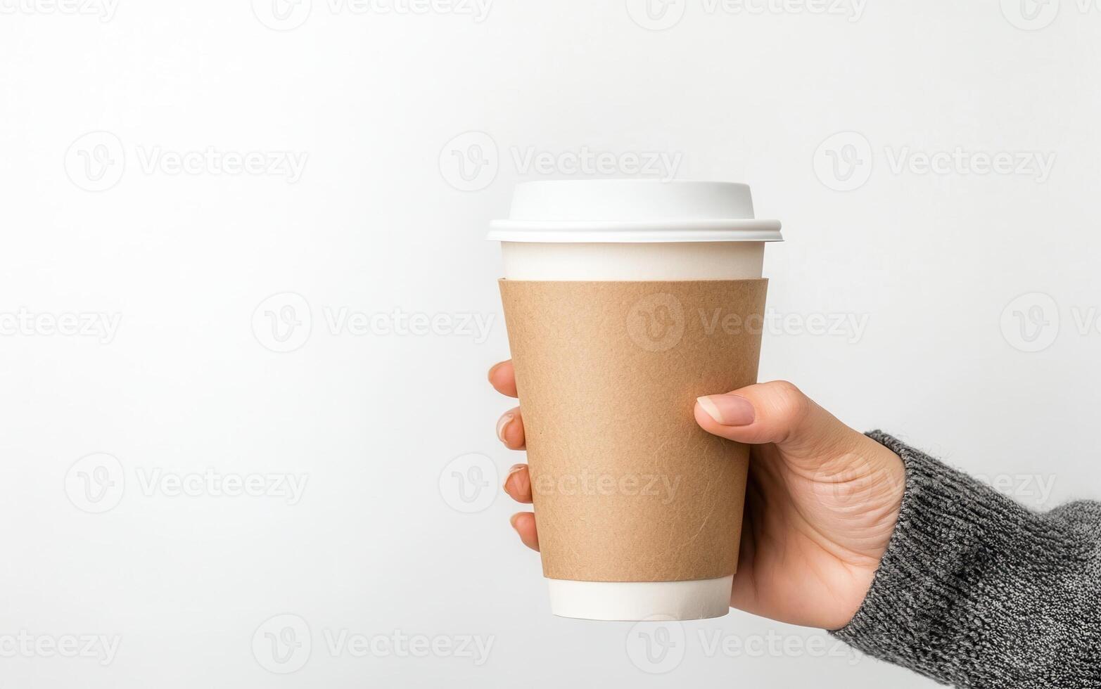 Hand gripping disposable white paper coffee cup with plastic lid, minimalist composition emphasizing simple beverage container design photo