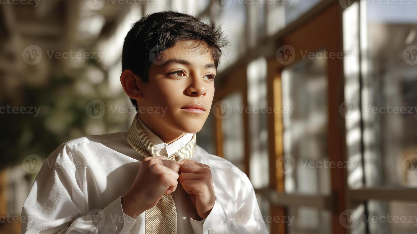 Young boy adjusting his tie in a bright school hallway, preparing for a special event photo