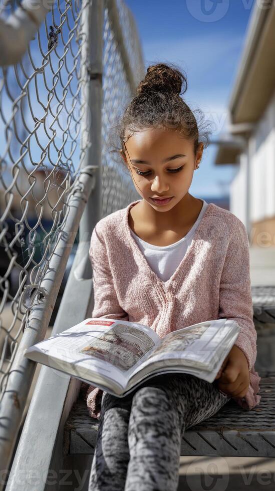Young girl reading a book outdoors on a sunny day, enjoying her time in a school environment photo