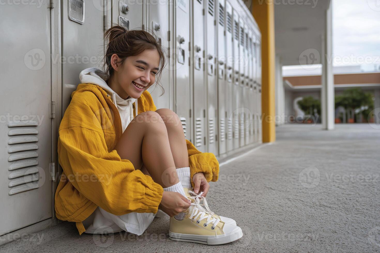 Young girl in yellow jacket sitting by school lockers, tying shoelaces with cheerful expression photo