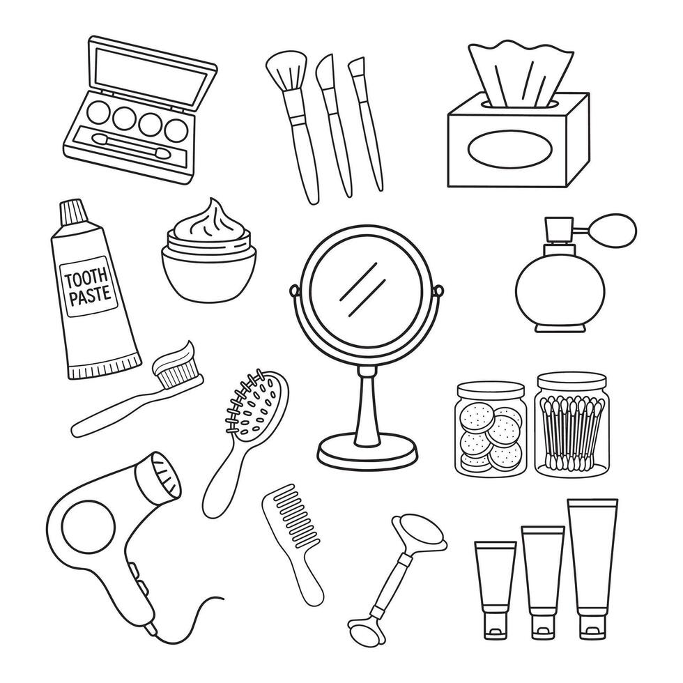 Outline icons of beauty and hygiene items, brush and cream, mirror, combs, dryer, soap, tools set vector