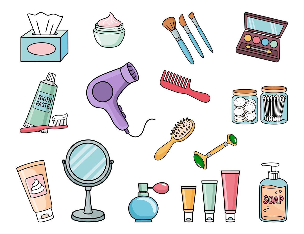 Color doodle icons of beauty and hygiene items, makeup and mirror, combs, cream, brush, soap, tools vector