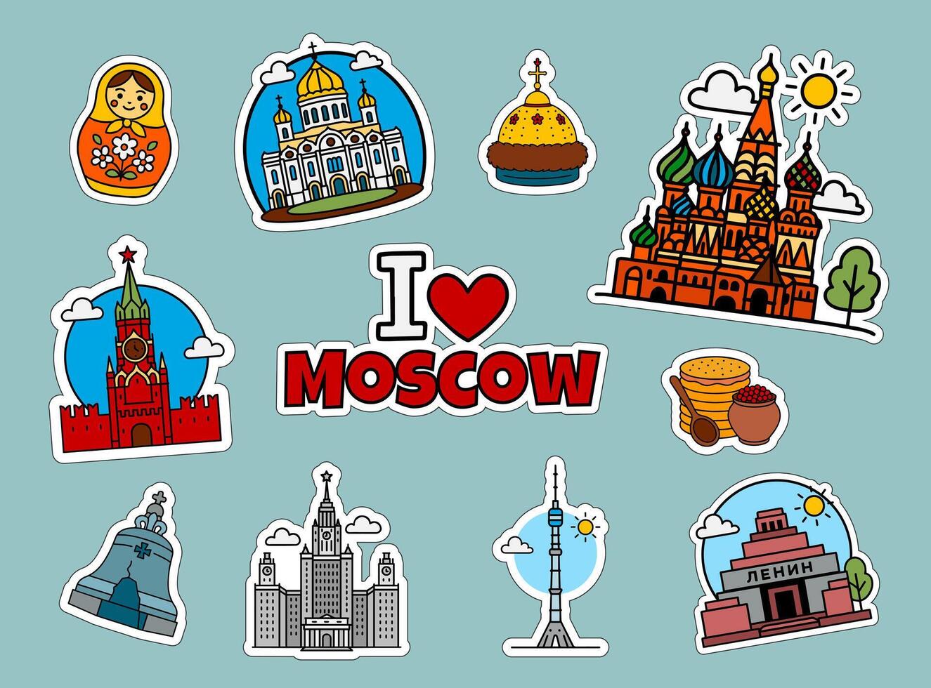 Cartoon icons of Moscow, Kremlin and St Basils, matryoshka and cathedral, food, tower, crown vector