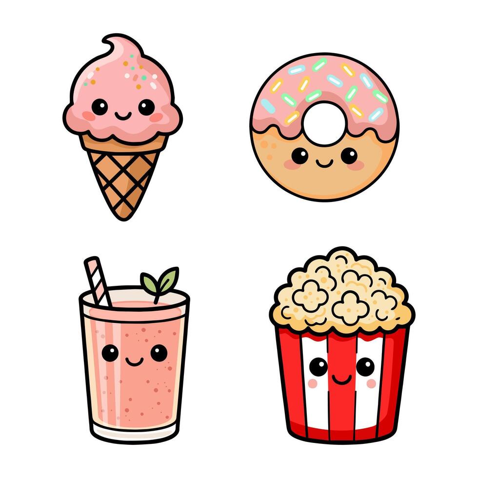 Cute cartoon icons of sweets and snacks, donut, ice cream and smoothie and popcorn with faces vector