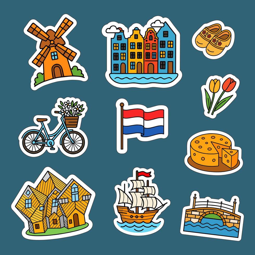 Cartoon icons of Dutch culture, windmill, cheese and tulips, boat, bike, flag and more, style vector