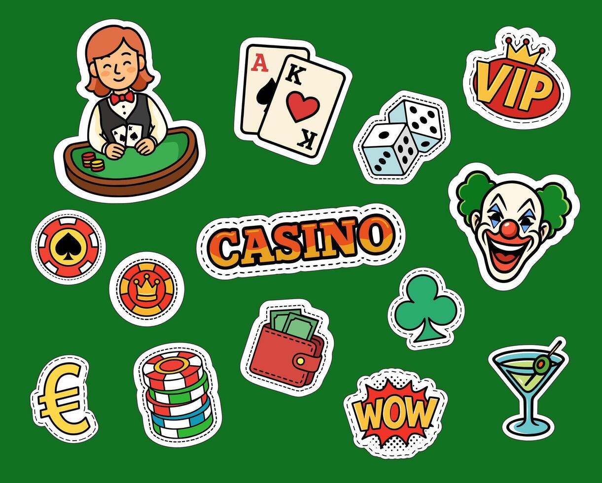 Color cartoon icons of casino theme, cards and chips, dice, dealer and clown, money, VIP, wow text vector
