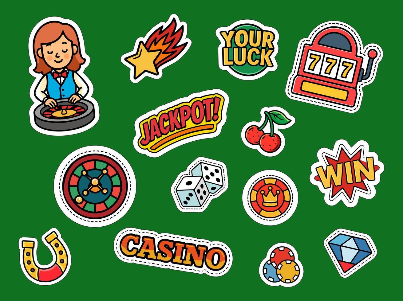 Bright casino icons in cartoon style, roulette and slot, jackpot, dice and cherries, win, chips vector