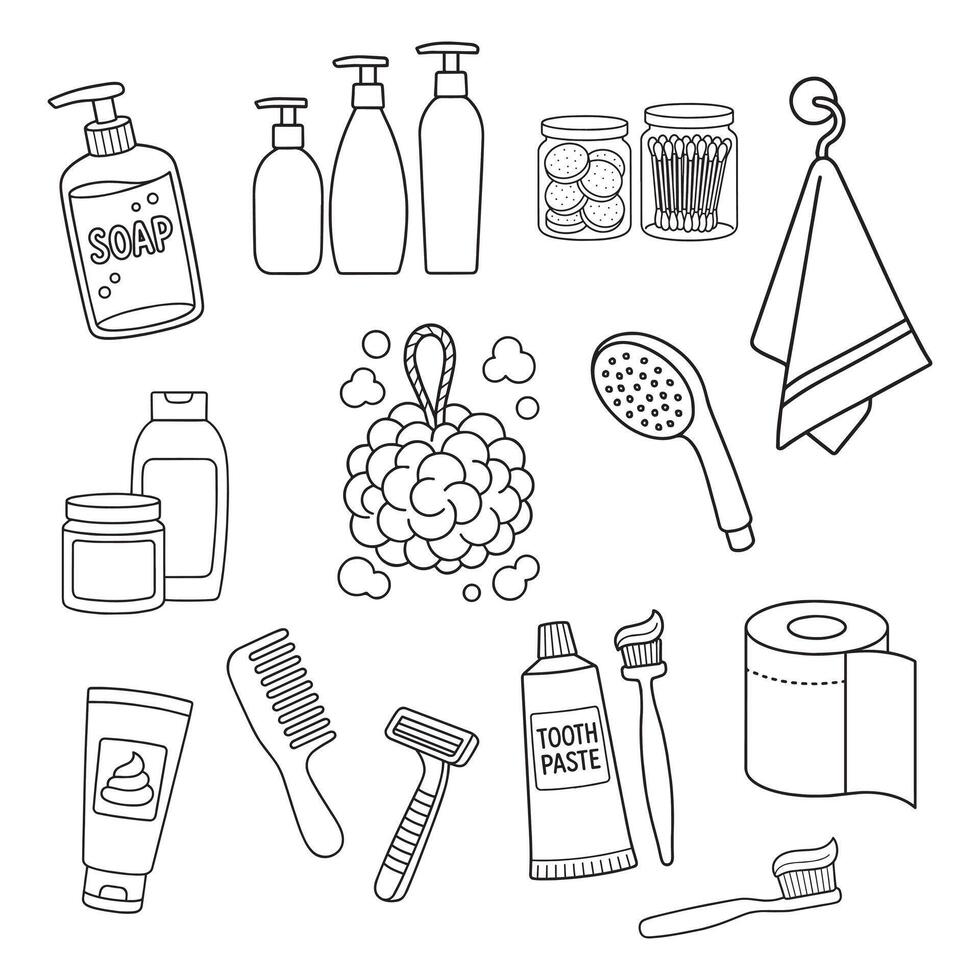 Line icons of bathroom items, hygiene, shower and care essentials, black outline on white background vector