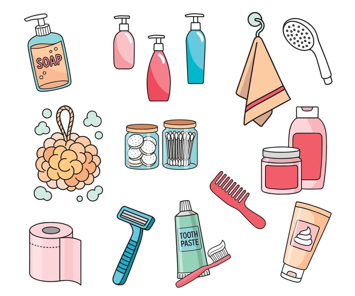 Color icons of bathroom, shower and hygiene items, personal care tools, doodle cartoon style set vector