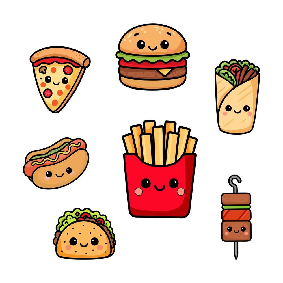 Cute cartoon icons of street food, pizza, burger and fries, taco and wrap, hotdog, kebab, with faces vector