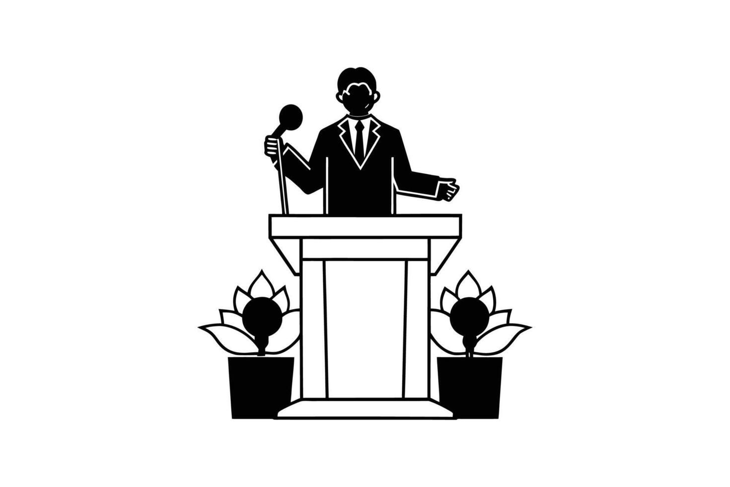 Orator Speaking at Podium with Microphone and Flowers Giving Speech in Silhouette Style Isolated on White Background silhouette vector